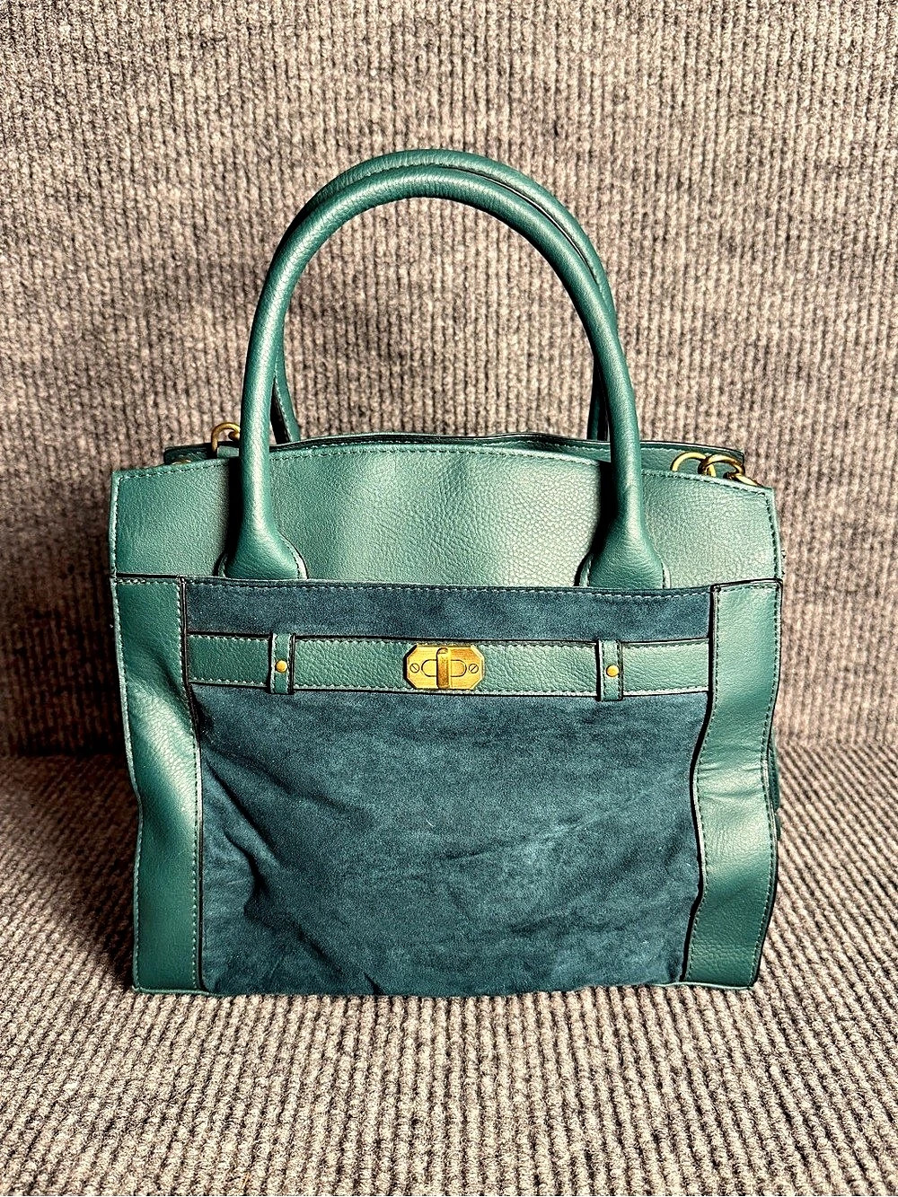 Structured Mixed-Media Tote Bag Forest Green Suede & Faux Leather EUC